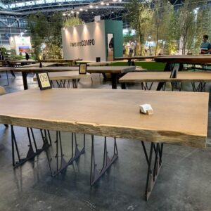 Mesa de comedor de madera maciza de iroko, 250x135-149-132x9 cm, acabado mate, con patas de hierro, ideal para comedores grandes y modernos